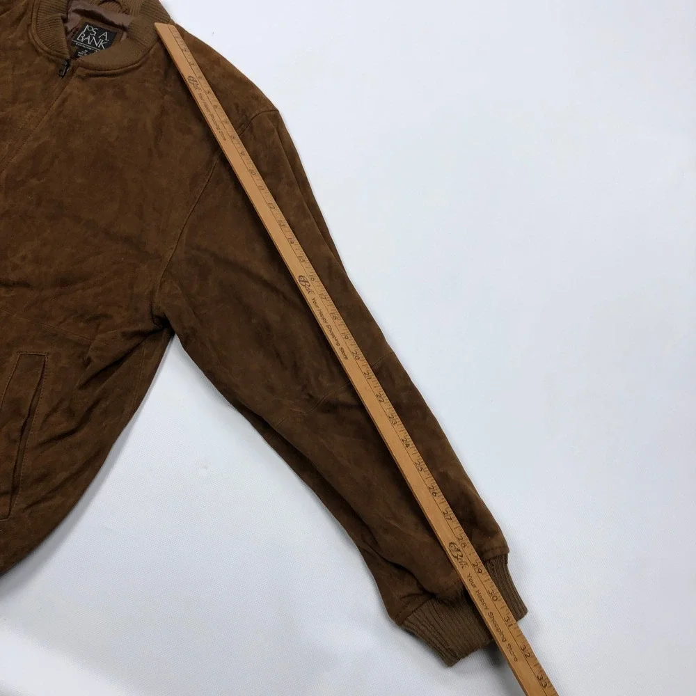 Jos A Bank Mens Brown Genuine Leather Suede Bomber Jacket Medium Full Zip Ribbed